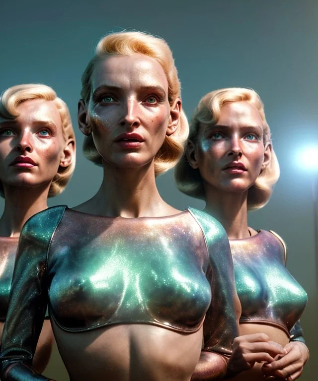 Ultra Realistic retro sci-fi movie scene, 1960 year, waist up view portrait, 3 clones blonde women, sweet young uma Thurman face, perfect iris, glow eyes, face makeup. Mars and martians background, Retro sci-fi style, helmet, tight latex coat, fog, rain, soft color, highly detailed, unreal engine 5, ray tracing, RTX, lumen lighting, ultra detail, volumetric lighting, 3d, finely drawn, high definition, high resolution.