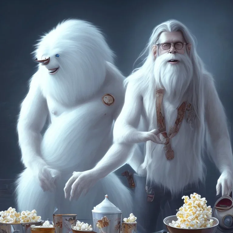 Legendary yeti with long white hair lying on the bed watching TV and eating popcorn, detailed painting elements, artwork, full HD painting, 8K