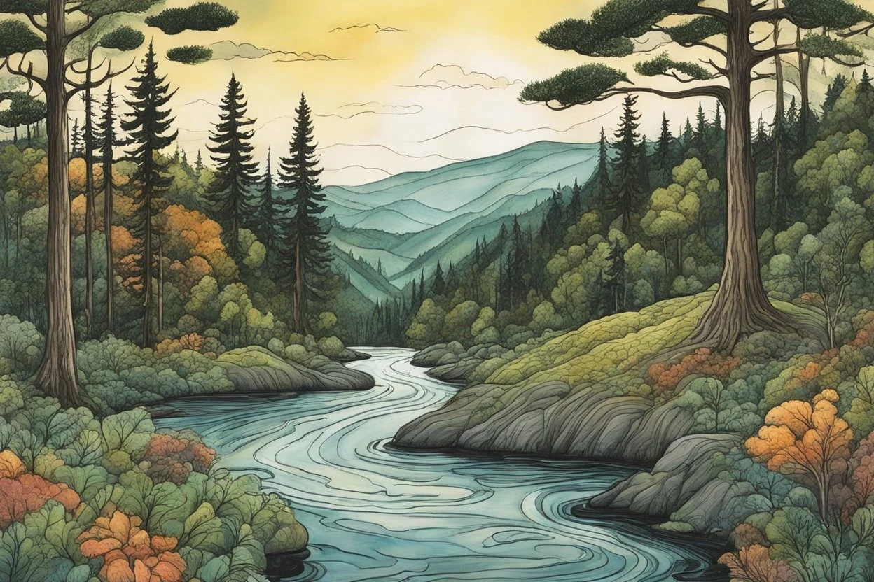 a surrealist illustration of a lush Pacific Northwest forested river valley landscape in the pale light of dawn, in the cartoon style of Lynda Barry , vibrant natural colors, with fine ink outlining, museum quality masterpiece