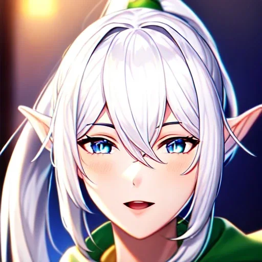 Clear focus, 8k, beautiful lighting, vibrant colors, Elf, White hair, ponytail, hair in between the eyes, up close,
