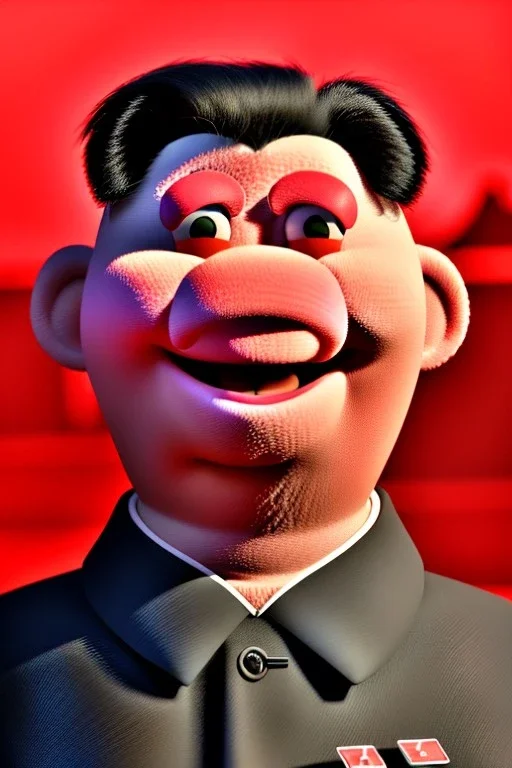 Waist up muppet Portrait, Kim Jong-un muppet doll, black suit, photo studio, red background, unreal engine 5, concept art, art station, god lights, ray tracing, RTX, lumen lighting, ultra detail, volumetric lighting, 3d.