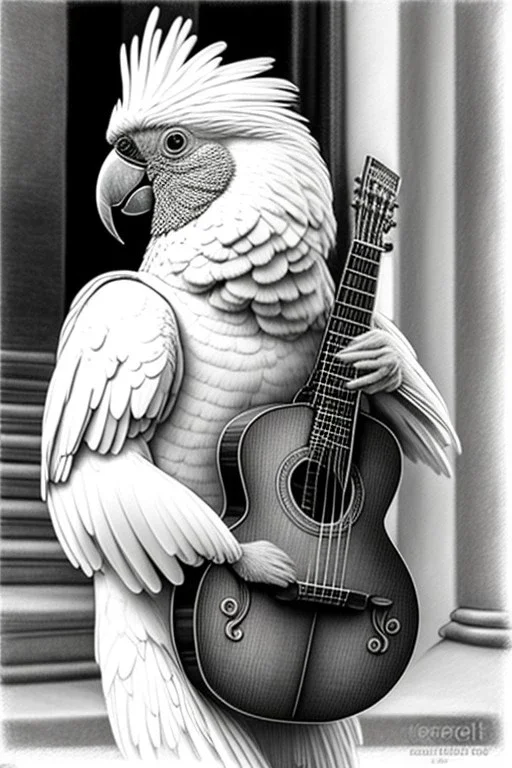 One single mature cockatoo, musician on the street, Vienna, model style, hyper realistic, extremely accurate, delicate, extremely detailed, mango style, wide-angle, open aperture, superfine pencil