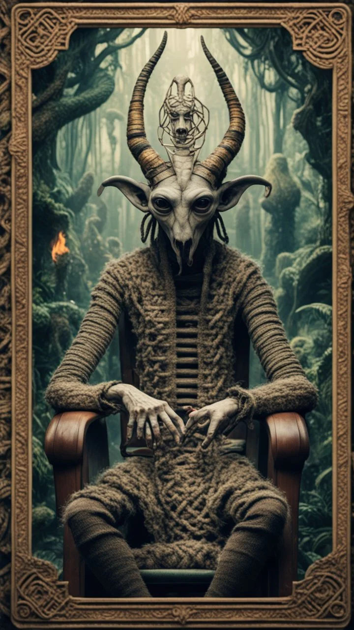 Pans labyrinth, framed playing card, close up portrait of a happy blessed immaculate dissolved ancient magical scaly slimy weird alien mad max soldier posing for photo shoot on a throne, holding a burning sceptre, in a space alien mega structure with stairs and bridges woven into a sacred geometry knitted tapestry in the middle of lush magic jungle, bokeh like f/0.8, tilt-shift lens 8k, high detail, smooth render, down-light, unreal engine, prize winning