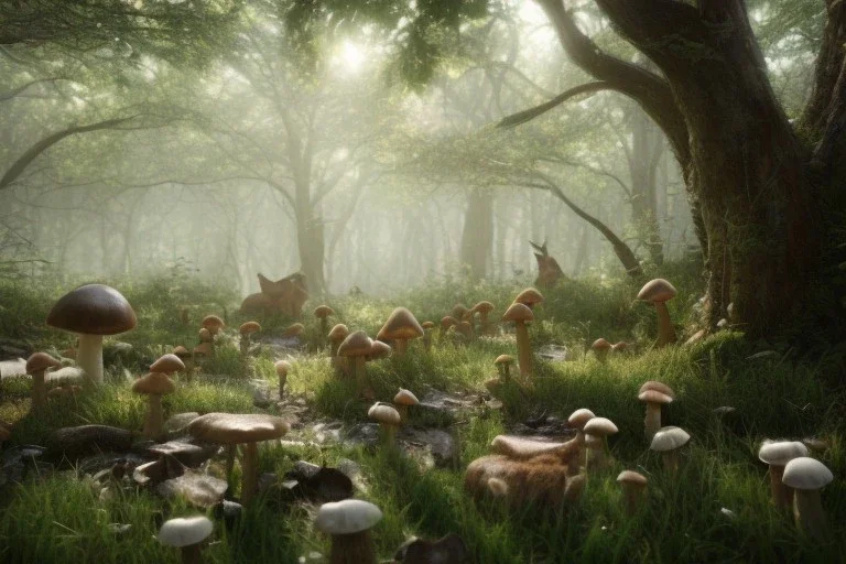 enchanted forest, rabbits, squirrels, mushroom