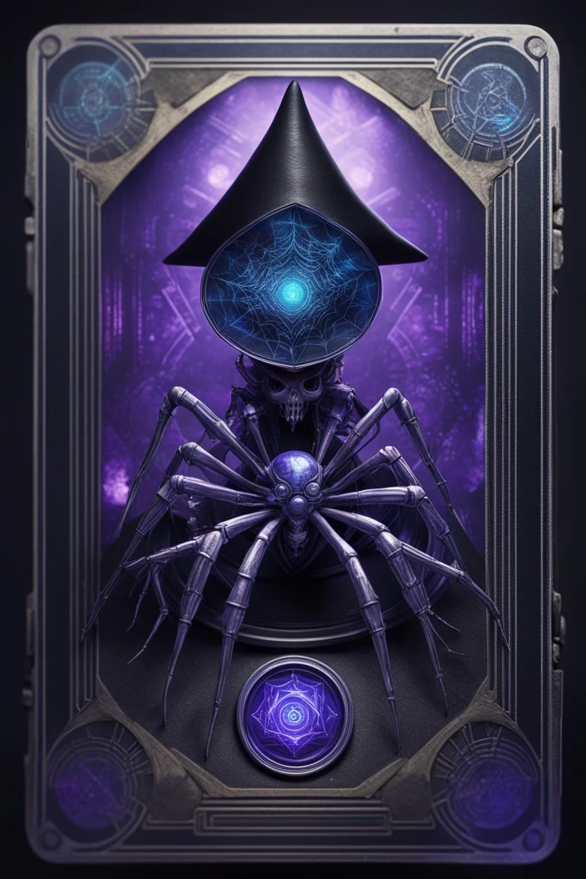 sacred geometry framed playing card, black, blue and purple drum set spider xtal priestess cyber in witch hat shadows boss card in the style of Giger and fallout 4 ,bokeh like f/0.8, tilt-shift lens 8k, high detail, smooth render, down-light, unreal engine