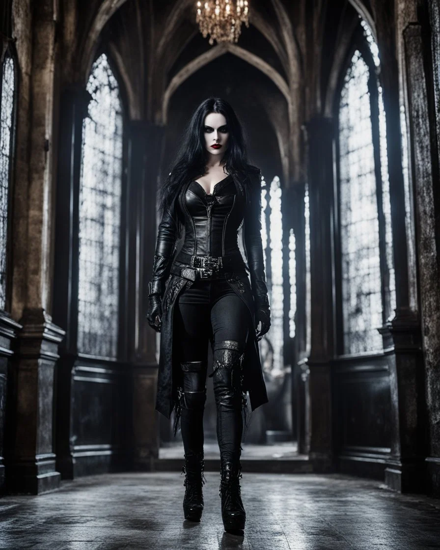 Beauty of Queen Vampire Gothic,Full a length image full body Pretty bigbusty female dark creepy gothic makeup,pretty eyes,black metal rock clothes gothic style,tight black leather jacket heavy metal punk rocker style,cinematic colors,walk in dark castle room,bats flying surrounded