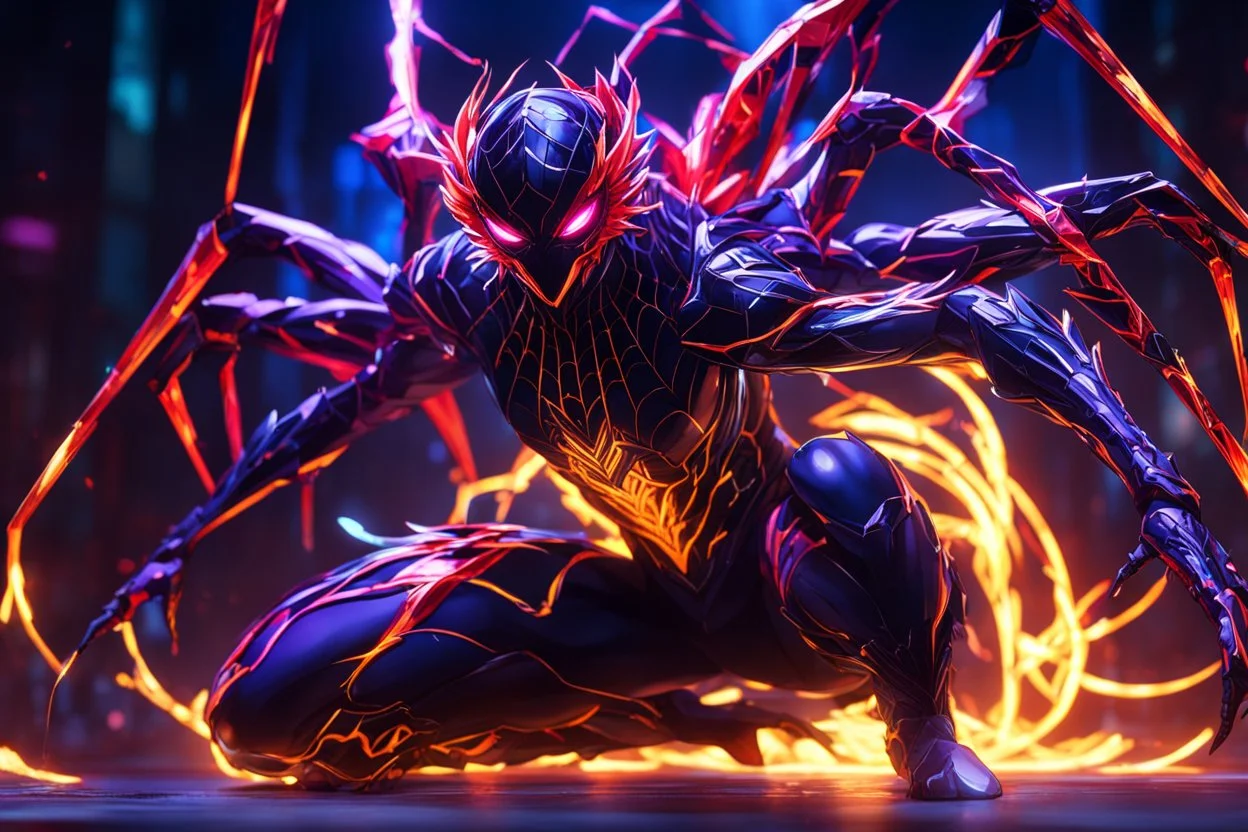 Hot Silk carnage in 8k solo leveling shadow artstyle, spider costum, dynamic pose, oshare kei, hurufiyya, rtx , neon lights, intricate details, highly detailed, high details, detailed portrait, masterpiece,ultra detailed, ultra quality