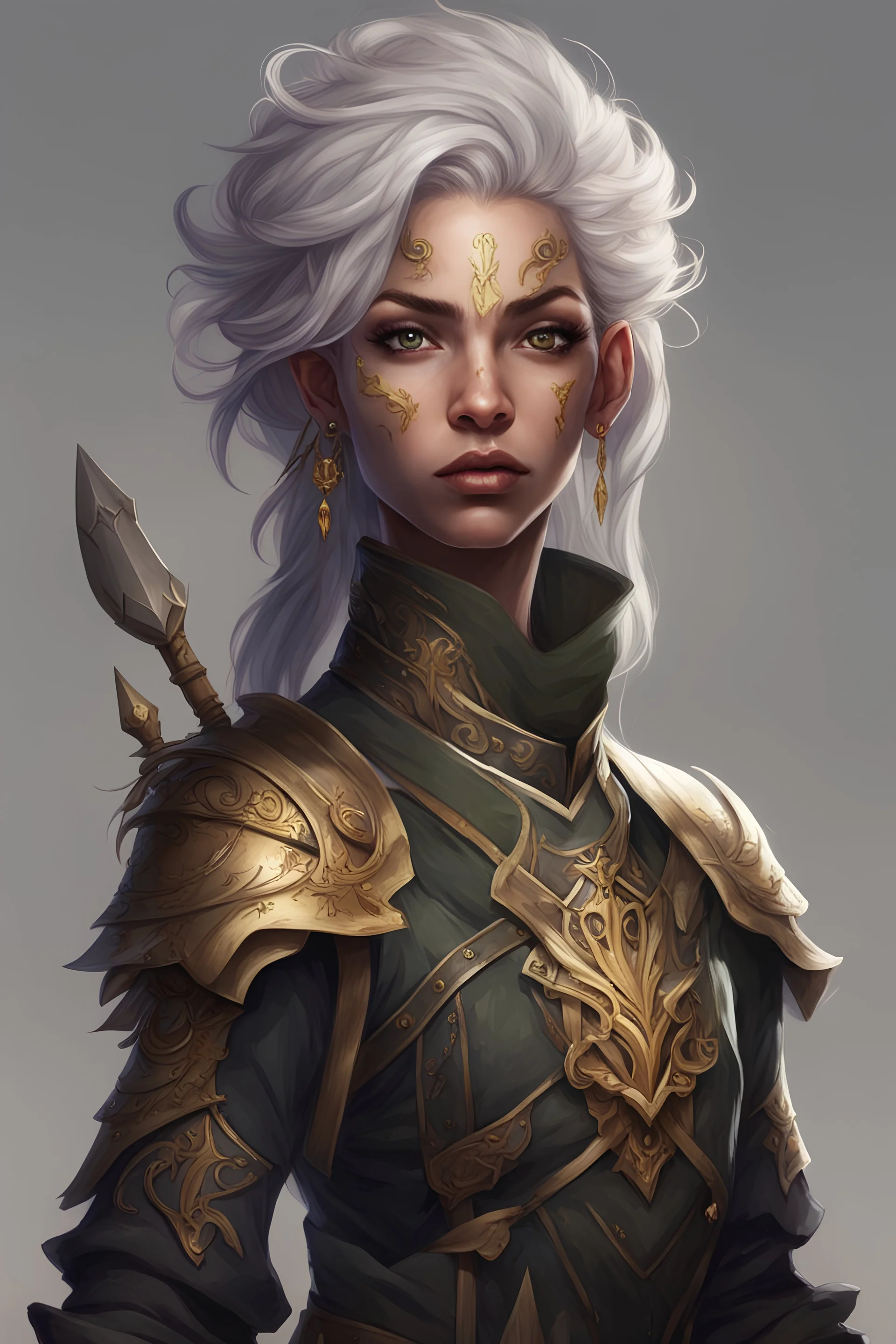 create a character for dnd. it is a non-binary gothic warrior who is also a scholar. the skin is olive. they are doing magic. just one person. the hair has a golden shine to it.