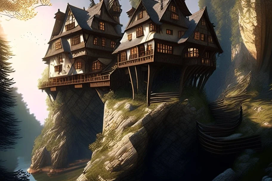 small wooden medieval gothic twisted house built into a cliff, trees, balconies, walkways, bridge, sunshine, lake