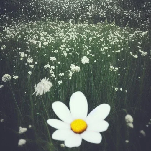 single long stem white flower in a field, polaroid, tender, soft focus, award winning landscape photography, nature photography, r/mostbeautiful