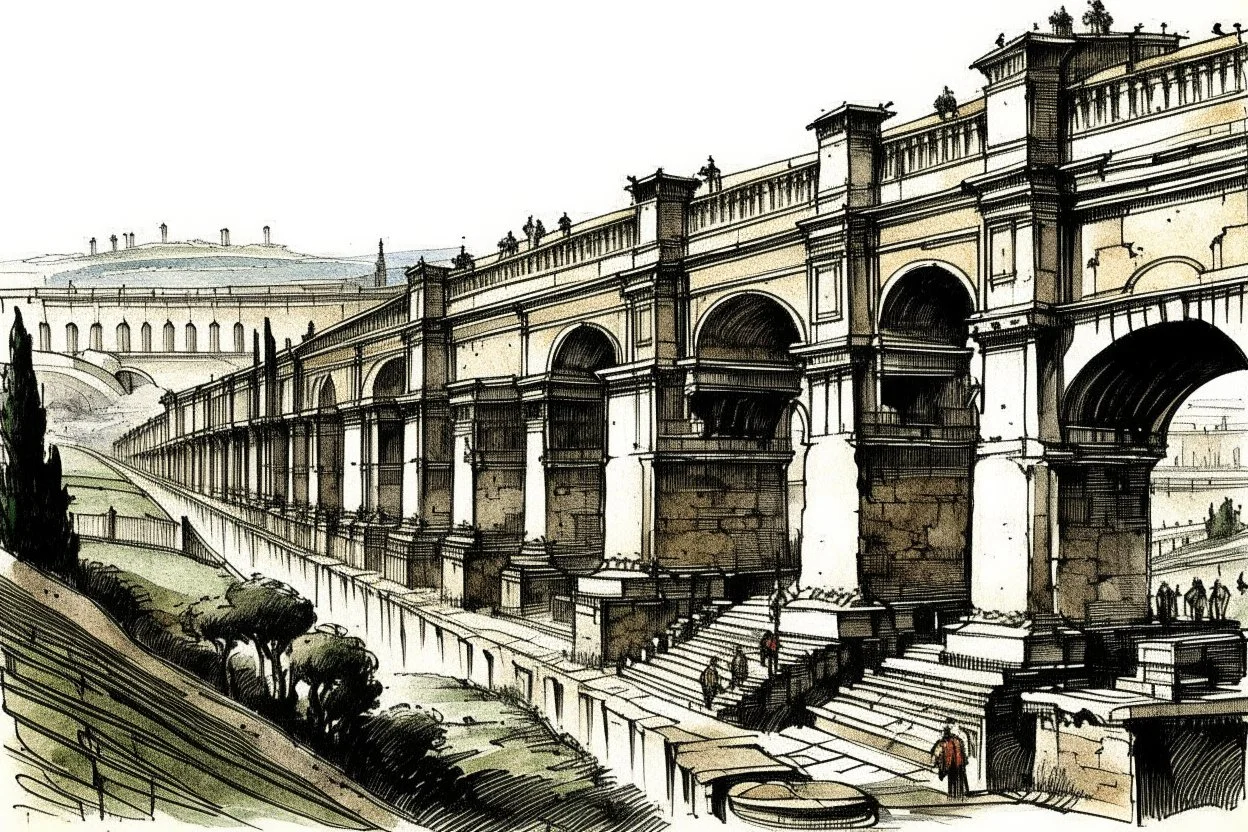 deseneaza cu penita si tus colorat cu acuarela , un sketch in stil minimal art , hasurat cu linii scurte de hasuri oblice scurte , cu mare acuratete si contrast , stil gravura pe metal reprezentand viaducte romane din roma antica , in stilul miniaturilor persane