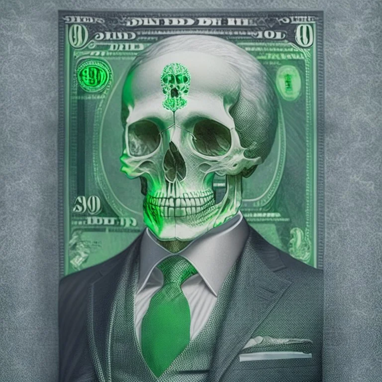 a head and shoulders portrait of a skeleton dressed in a three-piece suit as the president of the united states, based on us currency, united states one dollar bill, shades of green, real-life, colors match the united states one dollar bill, realistic, robotic, black and white