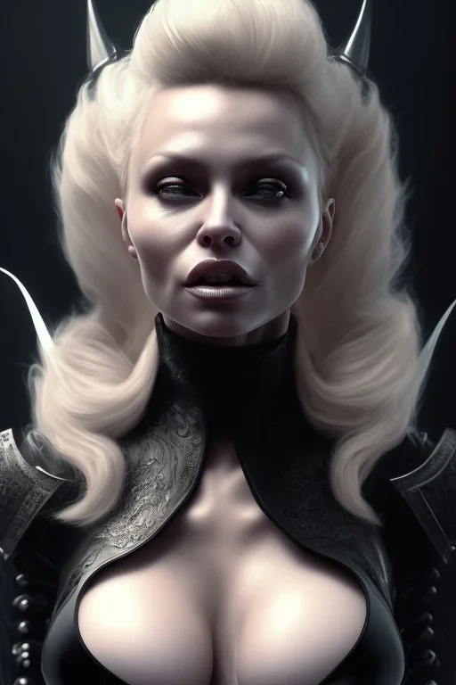 Pamela Anderson as evil queen in black leather, leather, busty, cleavage, angry, stern look. character design by cory loftis, fenghua zhong, ryohei hase, ismail inceoglu and ruan jia. unreal engine 5, artistic lighting, highly detailed, photorealistic, fantasy