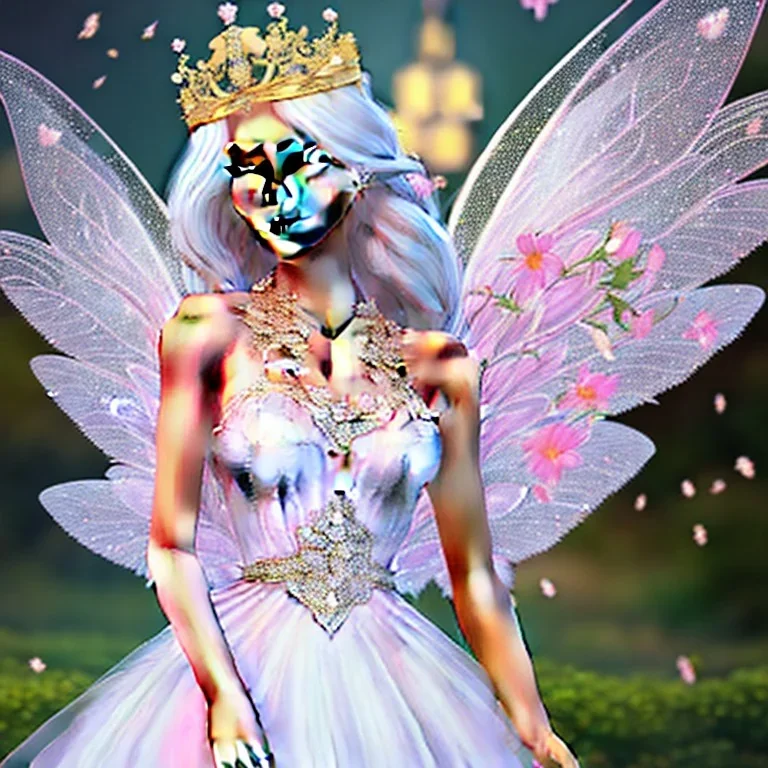 fantasy fairy with transparent wings, smiling, make up, long platinum blond hair with crown and flowers, pink dress