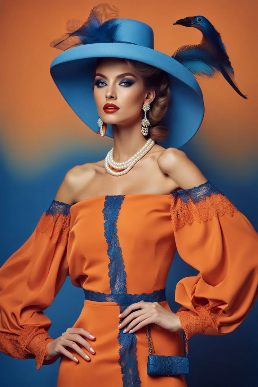 full body beautiful girl, elegant orange,lace clothes of the 80s, luxury style, small elegant hat with feather, hair of the 80s, pearl necklace, earrings masterful, beautiful face,blue backdrop