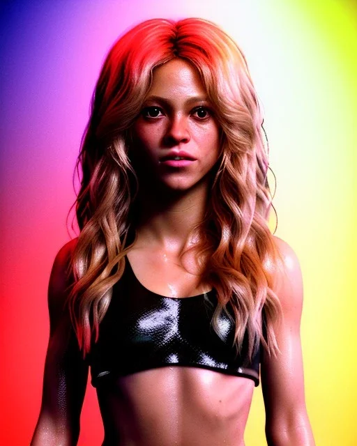 portrait, Shakira, blonde artist, Realistic image, drinking a strawberry milkshake, gold line make-up, sweat, fog, goddess style, Neon colors, leds. Black background, photo studio, concept art, smooth, unreal engine 5, god lights, ray tracing, RTX, lumen lighting, ultra detail, volumetric lighting, 3d, finely drawn, high definition, 4k.