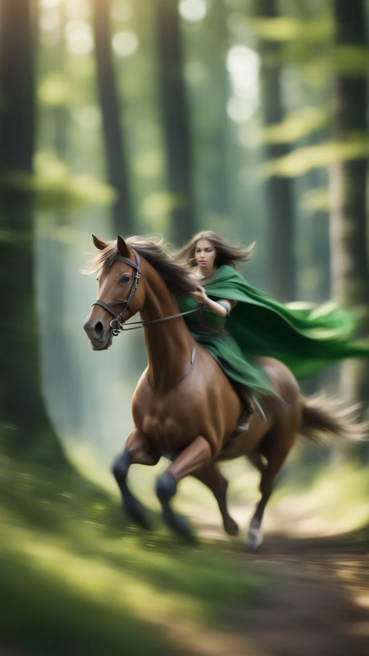 motion blur fast running caped long haired pixie Quickling - Forgotten Realms dodging arrow along winding branches in lush green forest along speeding horses , bokeh like f/0.8, tilt-shift lens 8k, high detail, smooth render, down-light, unreal engine, prize winning