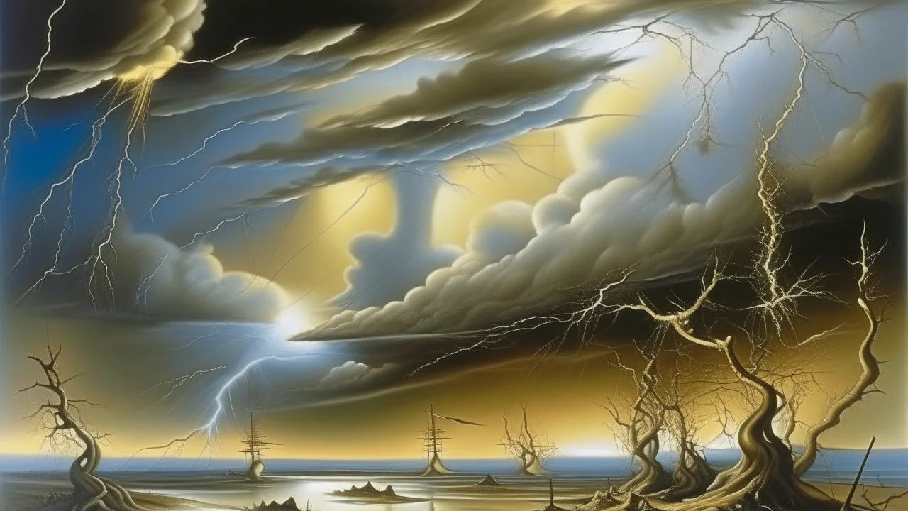 A silver colored thunderstorm sky with lightning painted by Salvador Dali