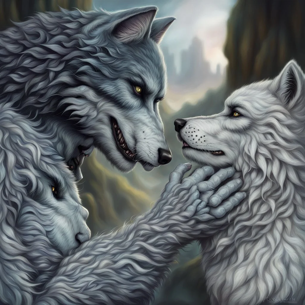 the anthropomorphic gray hairy body wolfman name Teo, holds between his paws the anthropomorphic pale hairy body wolfwoman's face , they look at each other lovingly, blur background, high detalied, realistic, sci-fi and fantasy mood