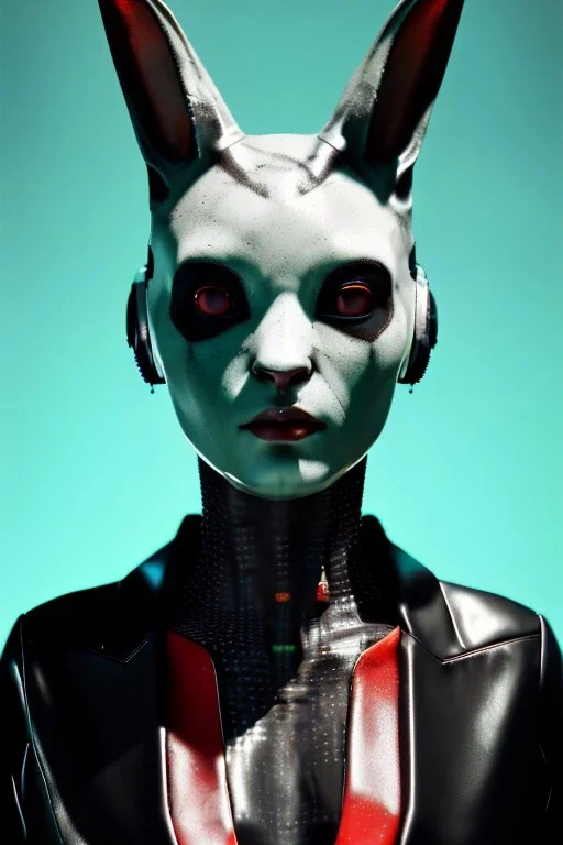 Medium Close Up Portrait, Front image. cyberpunk, rabbit mask, Chinese woman, white short hair. latex, glossy suit. Yellow, black, red, color. Punk style. Color background, photo studio. Avatar image, highly detailed, concept art, smooth, unreal engine 5, god rays, ray tracing, RTX, lumen lighting, ultra detail, volumetric lighting, 3d, finely drawn, high definition, high resolution.