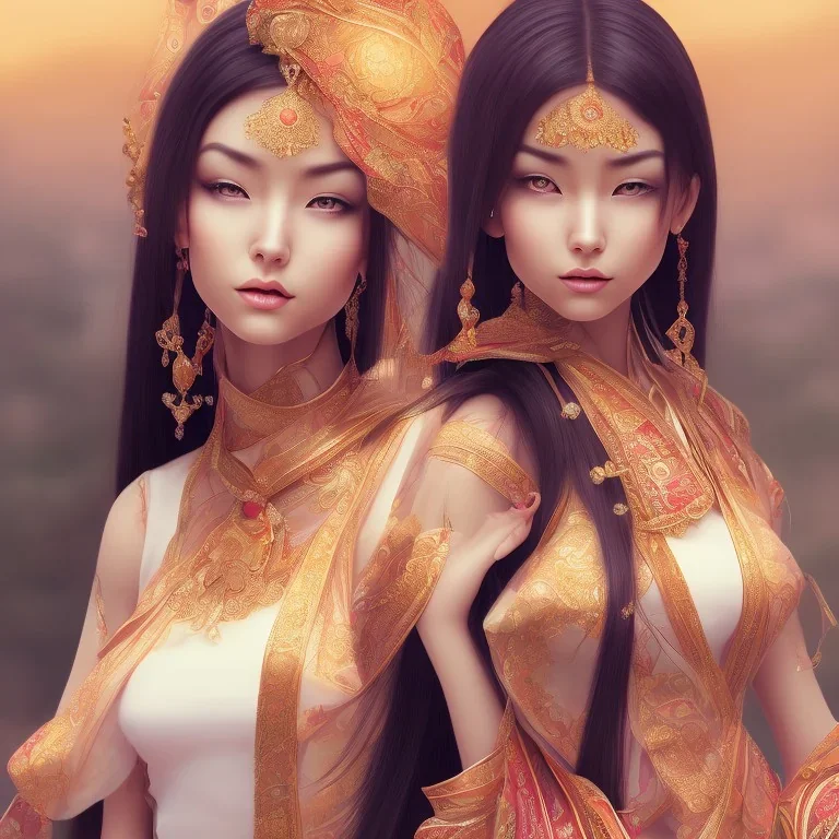 wonderful japanese woman, looking up, wearing indian clothes, long black hair, 4k, many details, very realistic, render