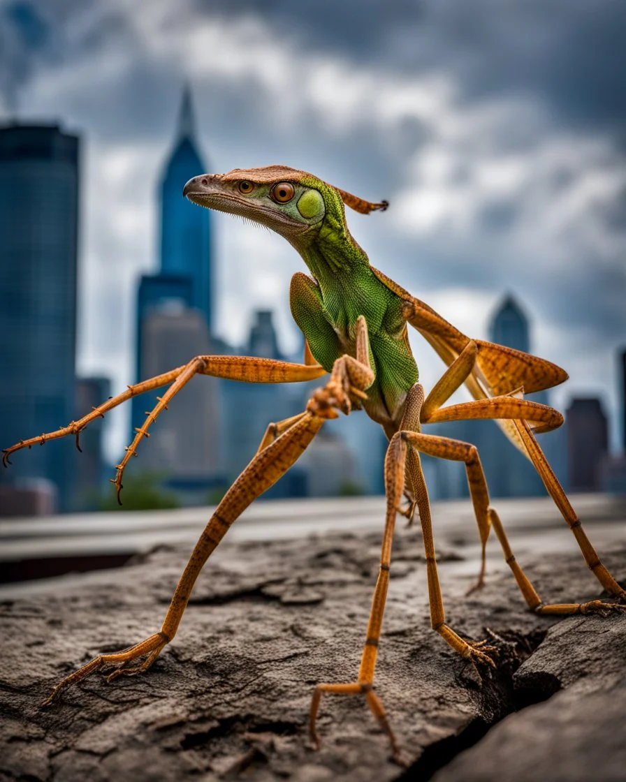 a national geographic style photograph of a eagle mantis lizard hybrid attacking detroit