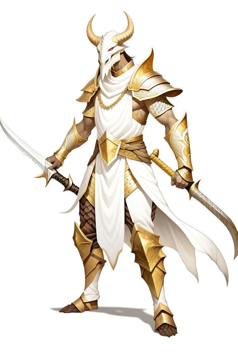 Full Body, White Dragonborn, Monk Knight, Fighter Pose, White and Gold outfit colour theme