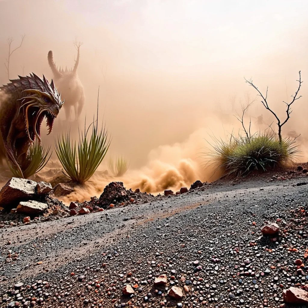 A striking quality Kodak photograph captures a wasteland with monsters and group of plants, creepy, details of the dust very accentuated, glossy organic mass, adorned with minerals and rocks. Bathed in intense light, eerie, Max Ernst style, sun, fog