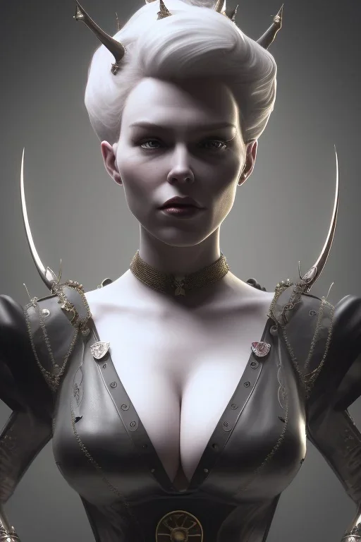 Hannah Waddingham as evil queen in black leather, busty, cleavage, dominatrix, curvy, angry, stern look. character design by cory loftis, fenghua zhong, ryohei hase, ismail inceoglu and ruan jia. unreal engine 5, artistic lighting, highly detailed, photorealistic, fantasy