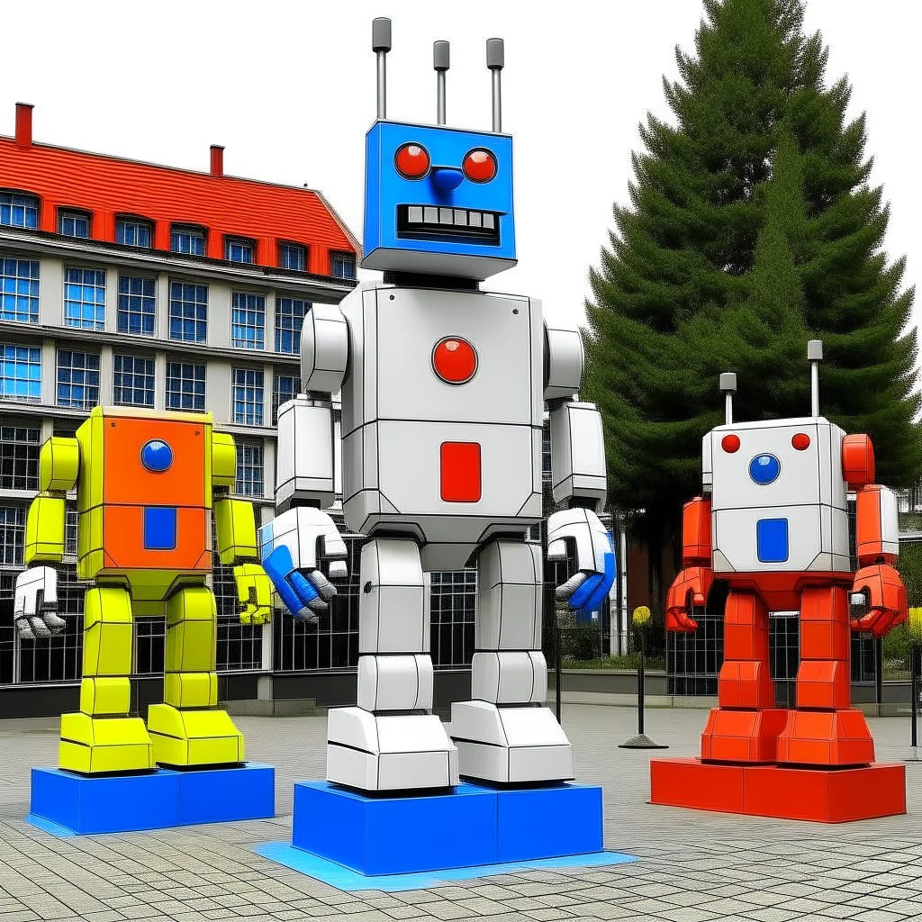 A small city with robots painted by Piet Mondrian