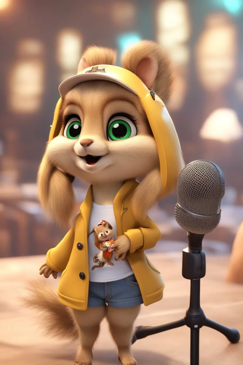 Cute 3d animated chipmunk, she is a singer, cute outfit and microphone in hand, long blond hair