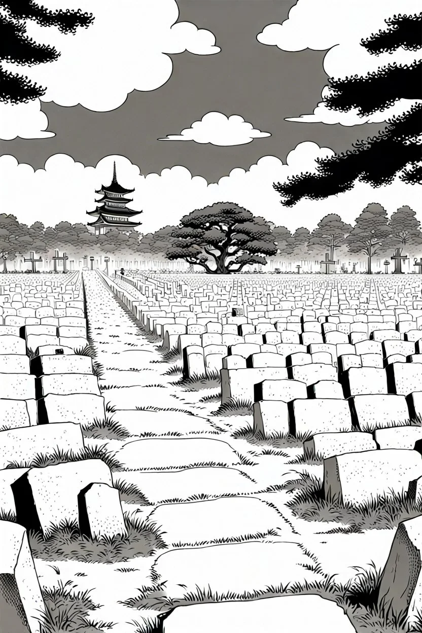 landscape, Japanese open air flat cemetery with thousand gravestones, high detail, manga style, grayscale