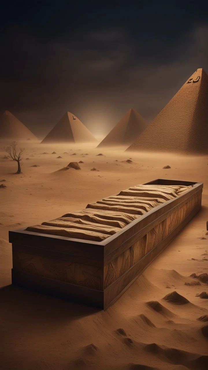 Hyper Realistic haunted view of Egyptian mummy coffins outside Pyramids with sandstorm at dark night