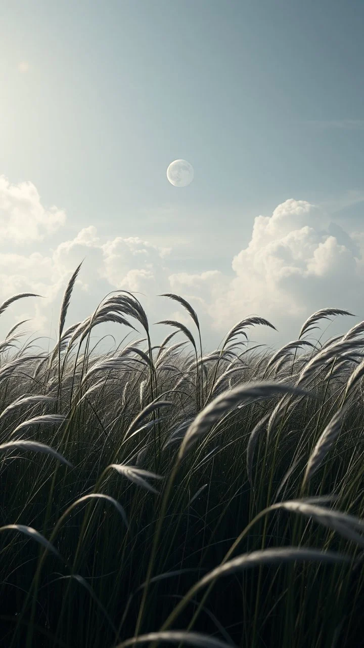 Windblown grass with winds with clouds and moon in the background, high quality picture 8k, beautiful cinematic lighting and all gray colors , ufo starship in the background in a distance