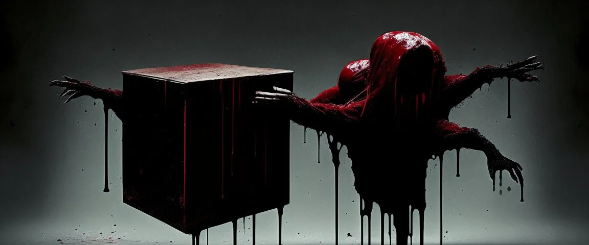 a faceless creature covered in blood holding up an empty black box