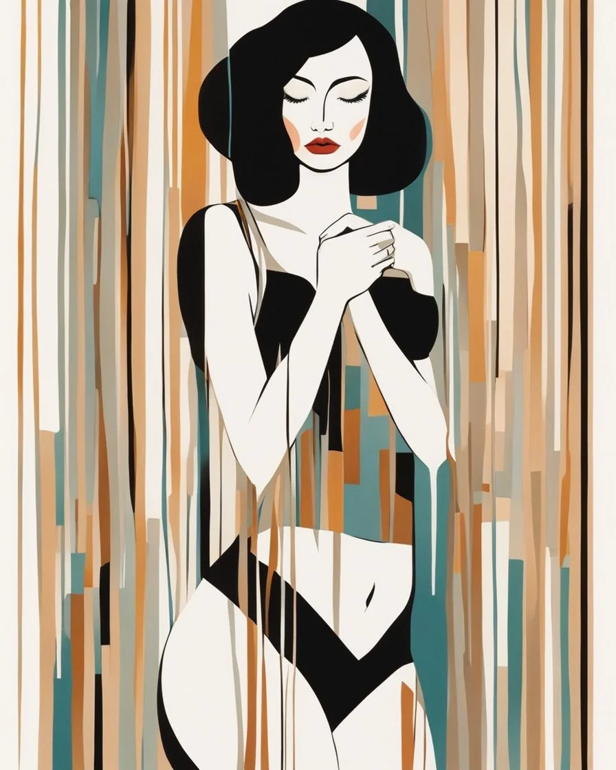 Esboço linear do corpo de uma mulher, with her arms cover her chest line fluid abstract, art style by Coco Vandi, retro minimal, trendy art, art style by Eckhart Tolle and Fabio Hurtado