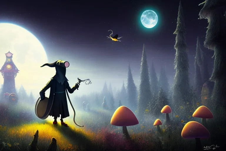 A Plague Doctor and a Mouse expand their minds with psychedelic mushrooms whilst running on the moon, by pixar