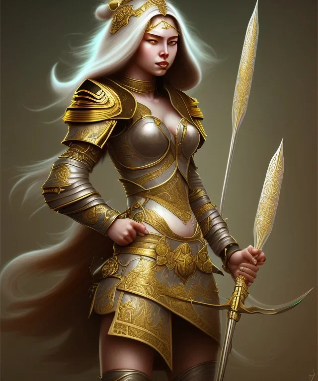 lady warrior with gold top and flower