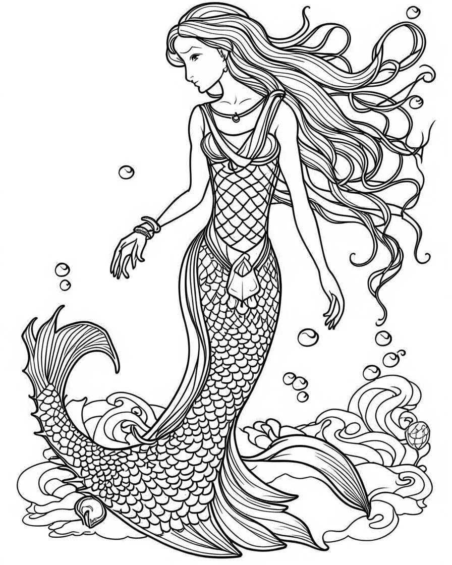 A mermaid, coloring image, full body (((((white background))))), only use an outline., real style, line art, white color, clean line art, white background, Sketch style