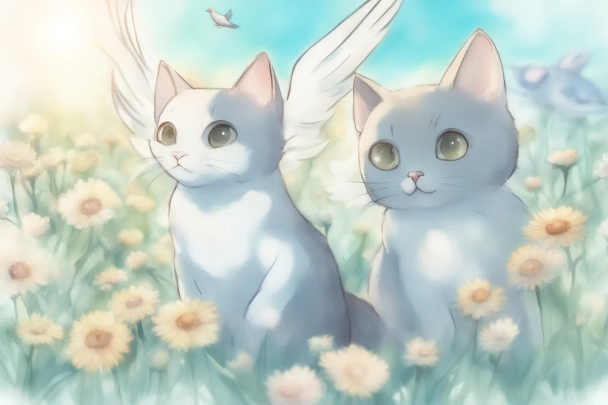 two cute anime chibi cats on either side of the picture looking at a pigeon in the top centre of the picture, flying with an envelope in its mouth in sunshine, flowerfield, watercolor and black ink outlines, ethereal, cinematic postprocessing, bokeh, dof