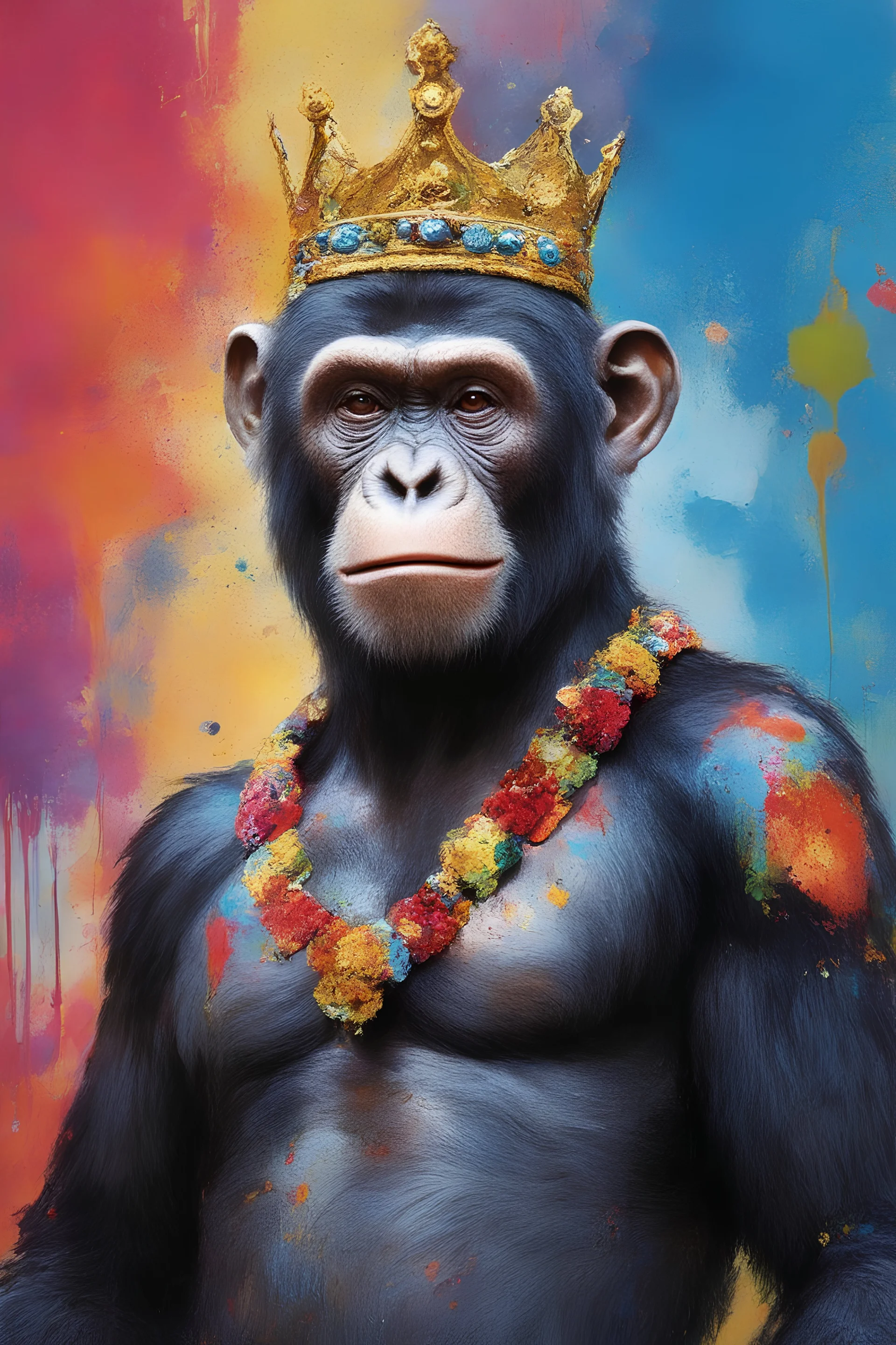 The great Caeser, the chimpanzee KING of the apes from Planet of the Apes wearing royal, kingly garb - extremely colorful, multicolored paint splattered wall in the background, oil painting by Leonardo da Vinci