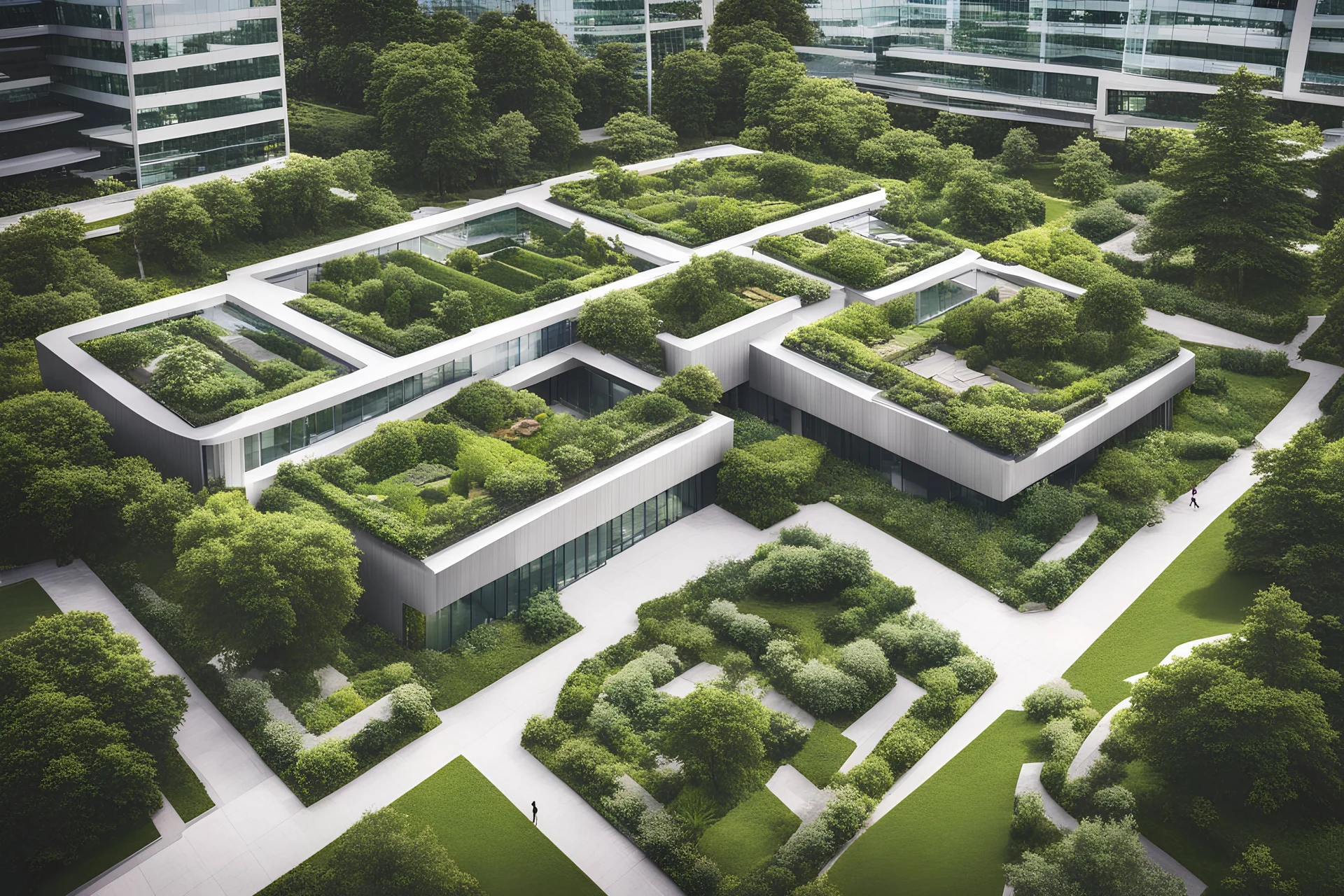 Edificios de oficinas modernos rodeados de jardines