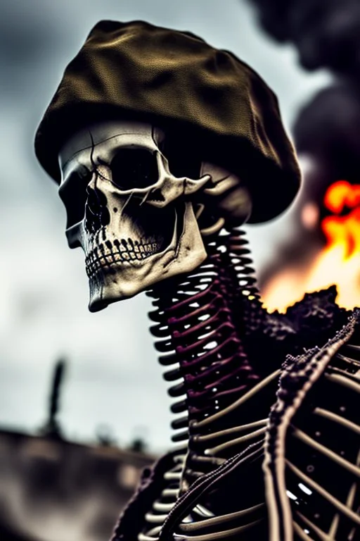 ultra high definition image of an attractive but scary looking skeleton, rising from the ashes, a war veteran, partially humanlike characteristics, army beret and ripped amo wear, very detailed, chaotic background, dramatic close-up action shot of him on a burned out war tanker with a torpedo on shoulder ready to fire and ammo ,gothic and dark theme, 12k