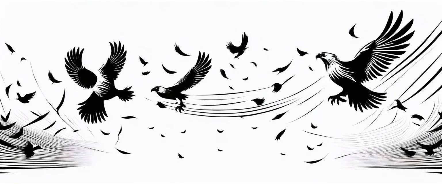 2 birds being chased through the air by an eagle, they each trail a graphic line behind them, and lost feathers, black on white vector