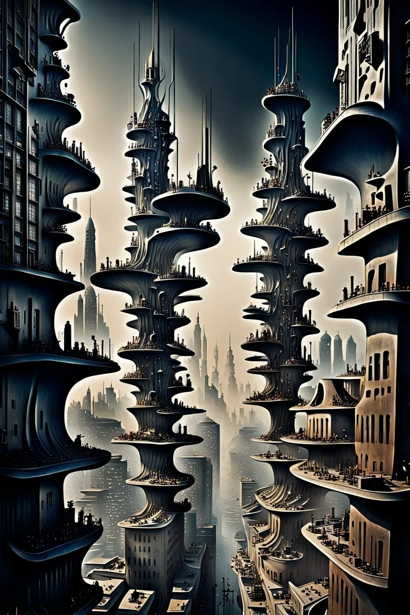 a stunningly weird image of a futuristic metropolis using Salvador Dali's paranoiac-critical method, where buildings and structures appear to melt into the skyline cityscape is filled with floating mad, twisted sharp metal shapes that interact with the buildings and each other, forming a surreal tableau of a dreamlike reality. neu-steampunk vibe, essence of the scene in a cinematic manner, with dramatic shadows that enhance the distorted perspectives and bizarre