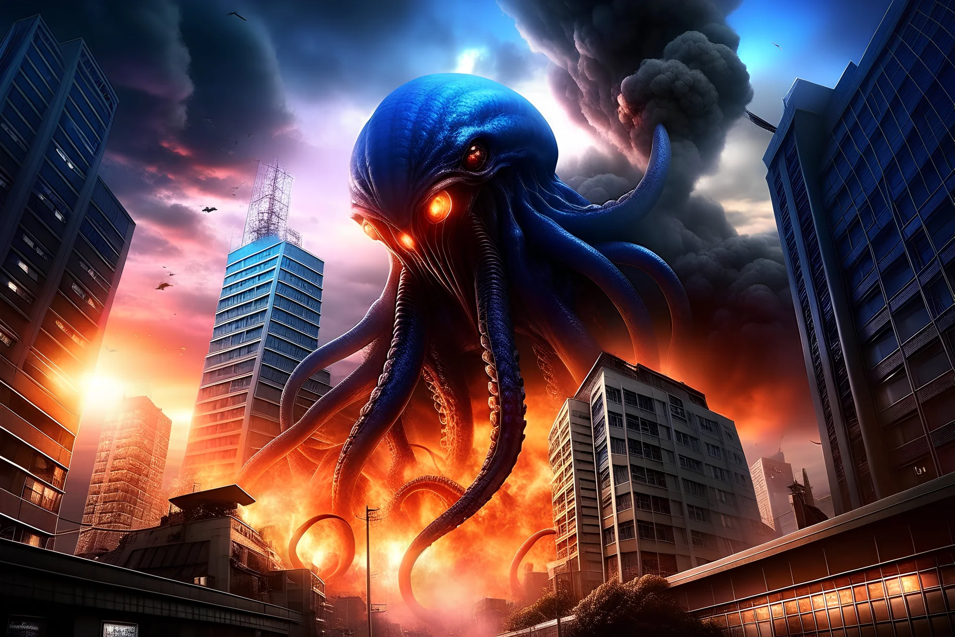 Digital art, high quality, digital masterpiece, natural illumination, realistic, action film style, (full body:2.5), (1 giant alien octopus attacking a city:3), (Dark tones:1.8), (Blue radioactive bright:1.8), (tall:1.8), (Buildings in flames:1.8), (japanese city town at background:1.8), japanese city, radioactive shine, stormy day, thunders,lightnings, (Halo in the sky:2)