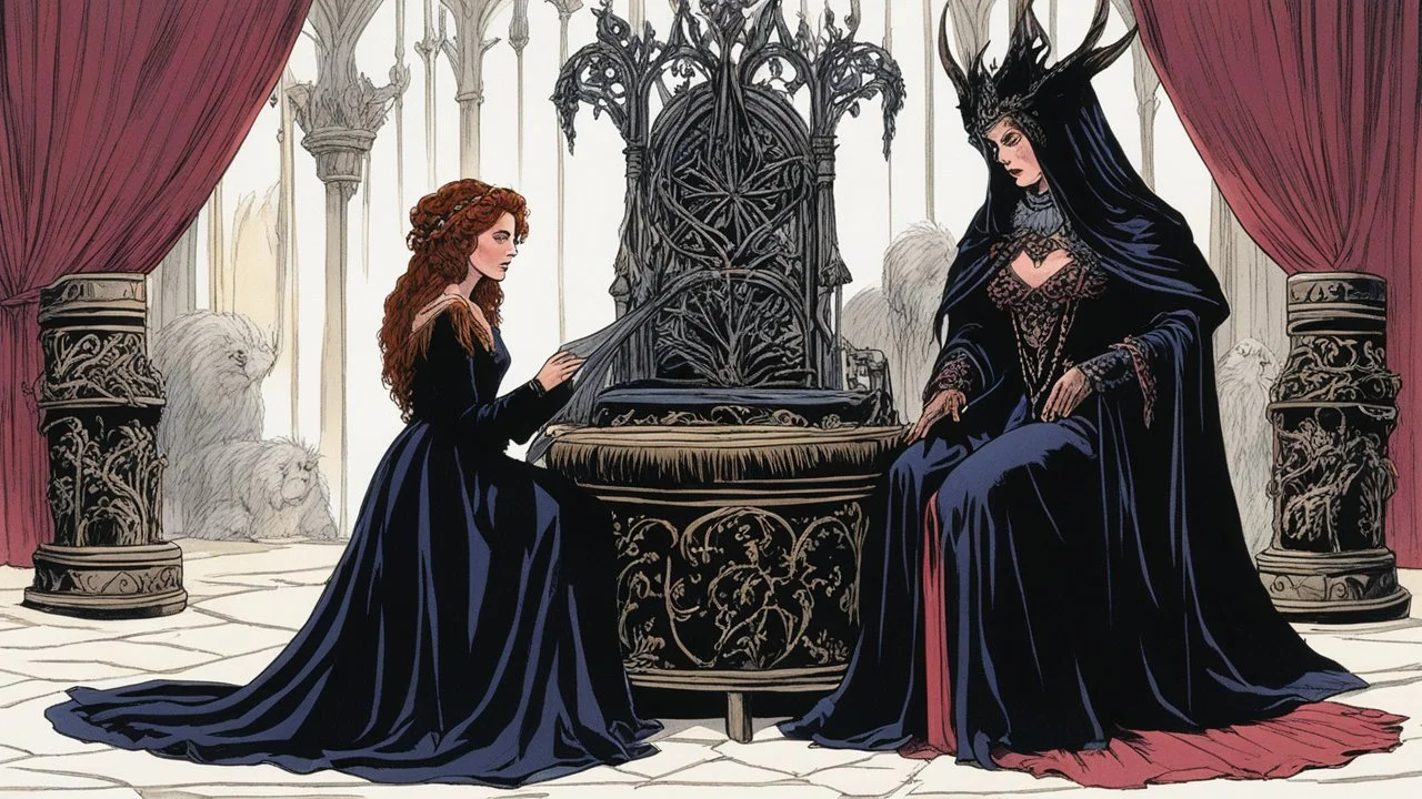 [colour illustration for Sorceress (1982)] Leigh Harris as the dark Lady of Whispers sits upon her ornate throne looking down at Lynette Harris the poor farmer woman knelt before her, her eyes downcast in a mixture of fear and defiance.