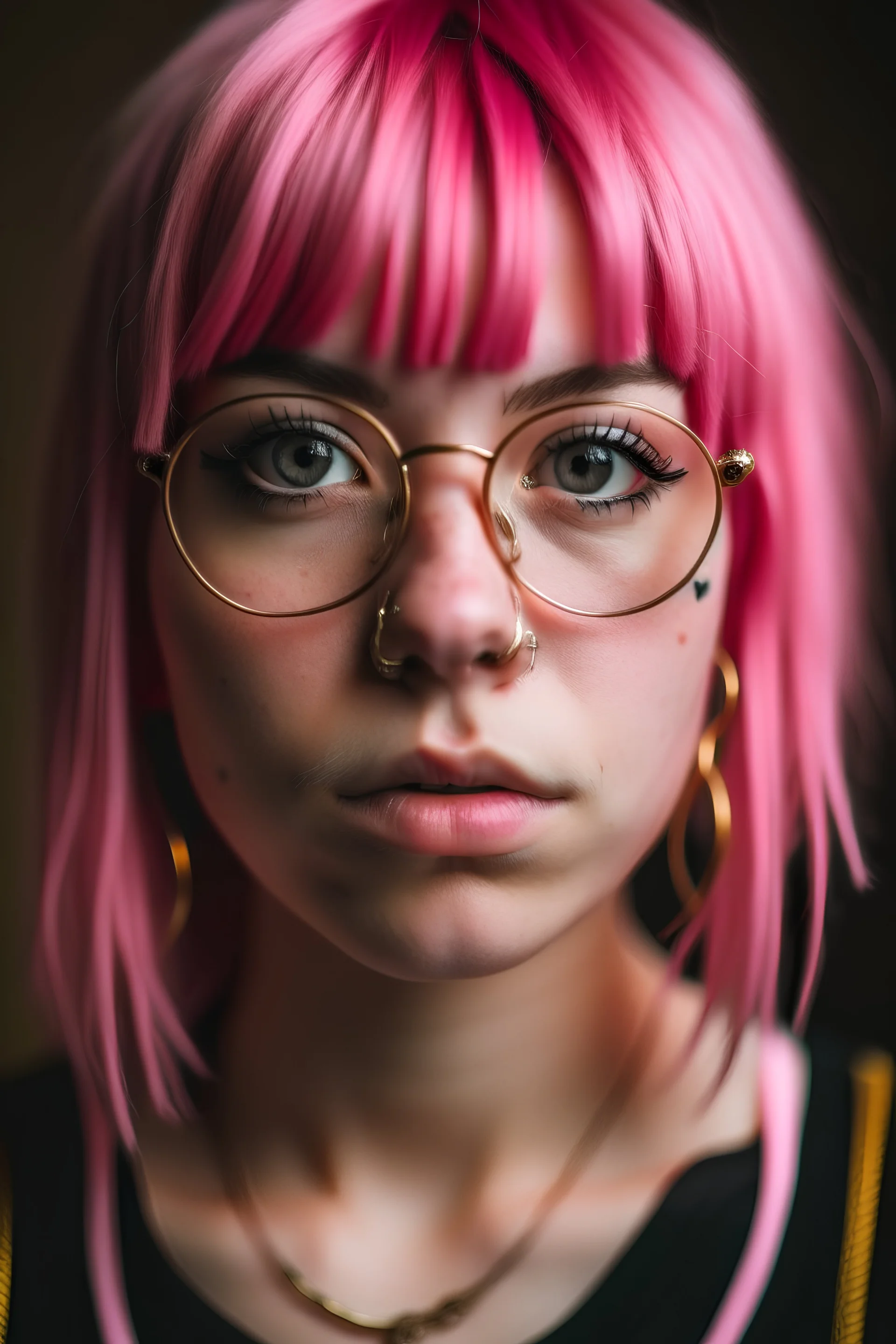 girl with pinkhair in a fringe with glasses and a septum piercing and a giant forehead