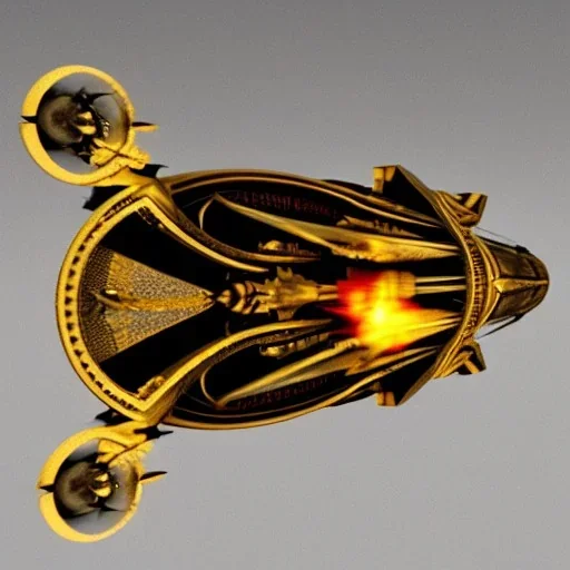 huge ornate spaceship made of brass flying through space, on fire, star trek