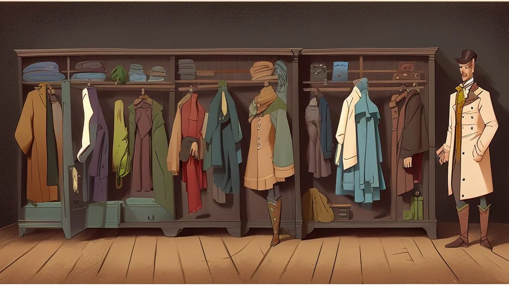 fantasy cartoon illustration: a cabinet full of new clothes for men in the 19th century